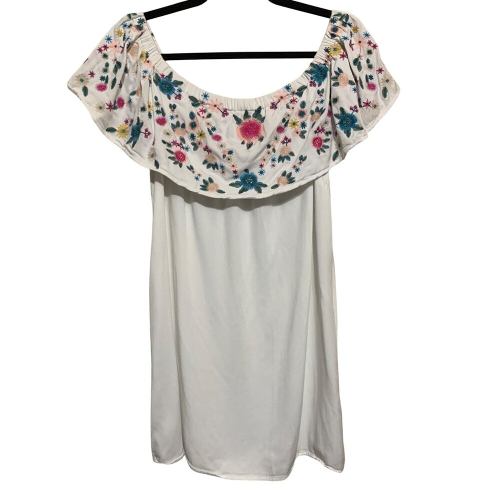 Sugar+Lips Dress White Off-Shoulder Floral Embroidery Size L Coastal Cowgirl‎